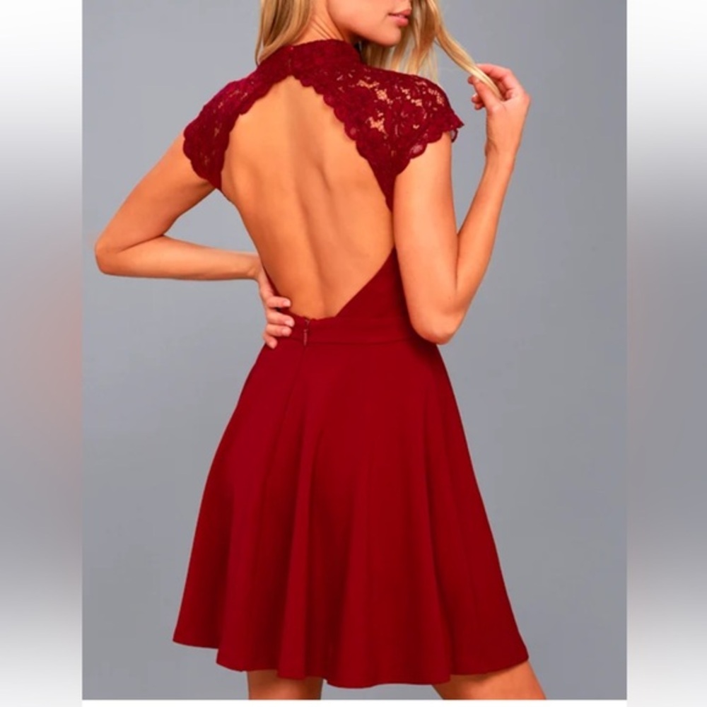 NWT Lulu's Women's Small Instant Romance Wine Red Lace Backless Skater Dress